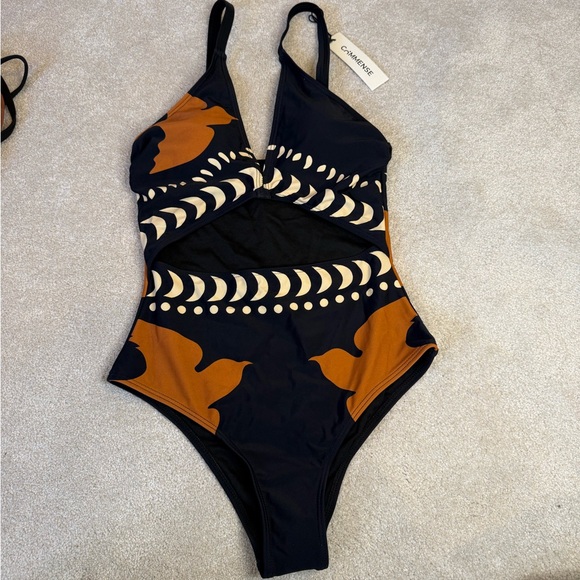 NWT Commense Orange and Black Bird Cut Out One Piece Swim Suit Size XS - Picture 2 of 8